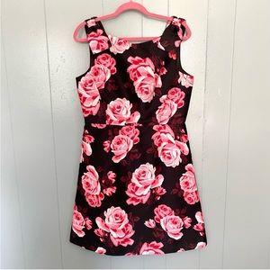 Kate Spade Black Pink Floral Rosa Shoulder Bow V-back A-line Mini Party Dress